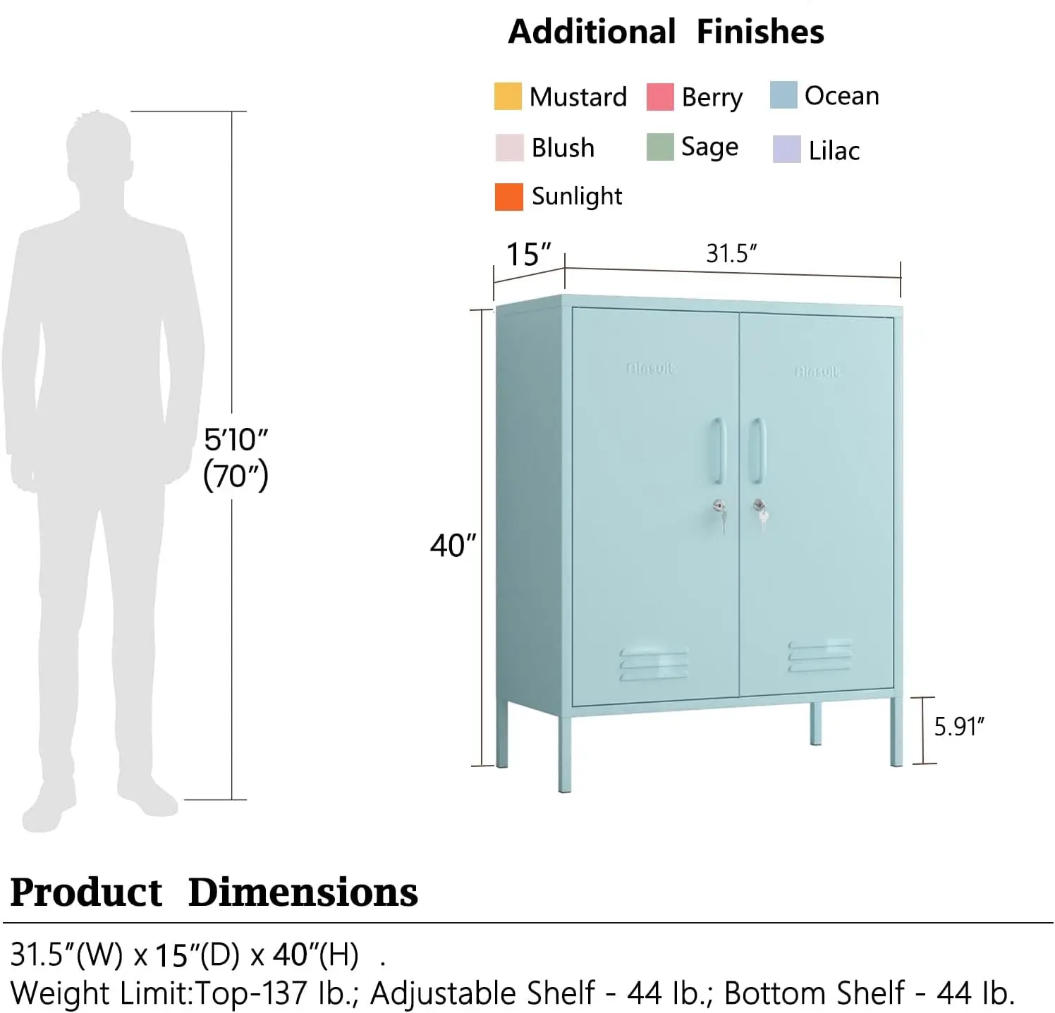 3단 잠금식 금속 보관 캐비닛, 파란색, 40인치 높이 x 31.5인치 너비 x 15인치 깊이