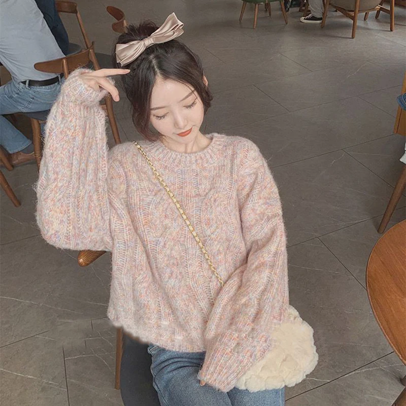 Sweet Cropped Sweater Women Oversized Knitted Pullovers Preppy O Neck Knitwear Streetwear Japanese Korean All Match Jumpers New