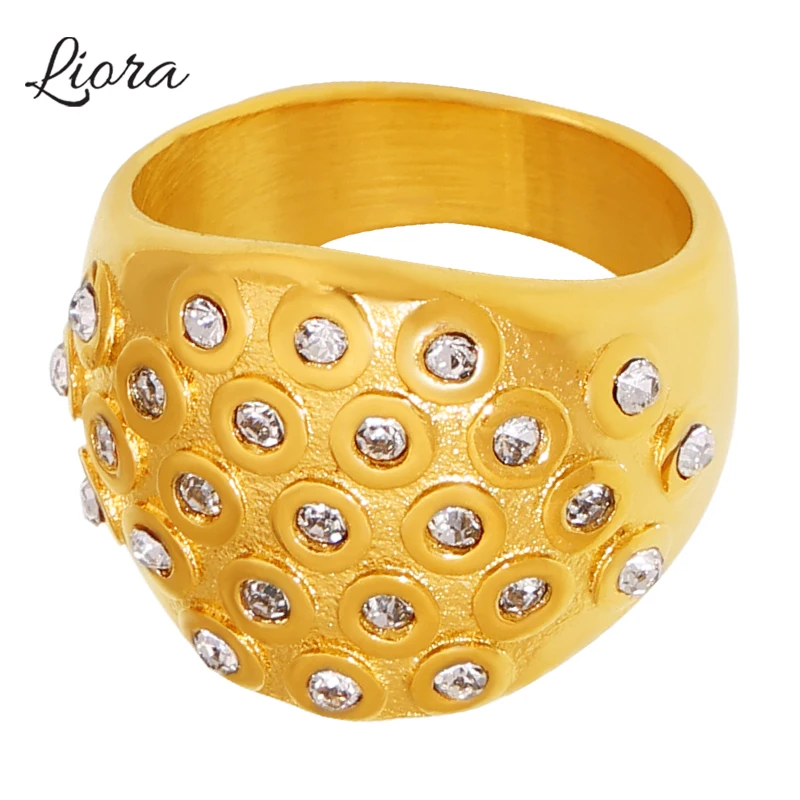 Liora Trendy 316L Stainless Steel Charm Rings For Women Wide Face Rhinestone Round Mujer Rings Fashion Waterproof Jewelry