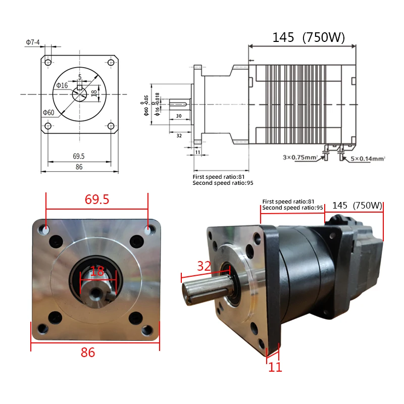 750W 48V 86 Flange Low Speed Positive Reversing Permanent Magnet High Torque Reducer Brushless Motor and BLDC Driver