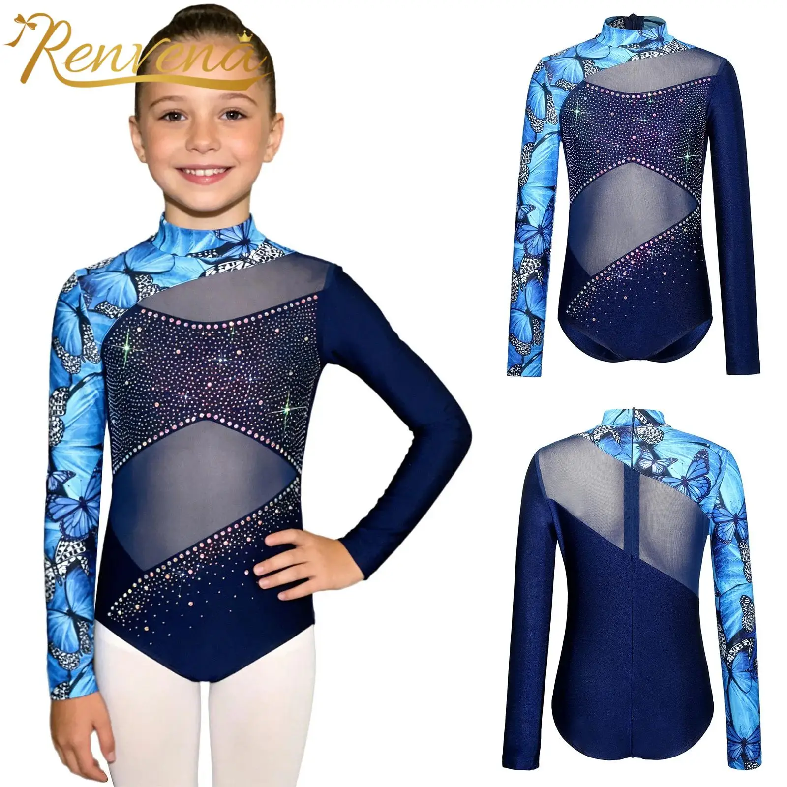 Maillot de Gimnasia Rítmica de Manga Larga con Malla y Parches para Niñas, Leotardo Infantil Estampado con Pedrería Brillante para Patinaje y Danza