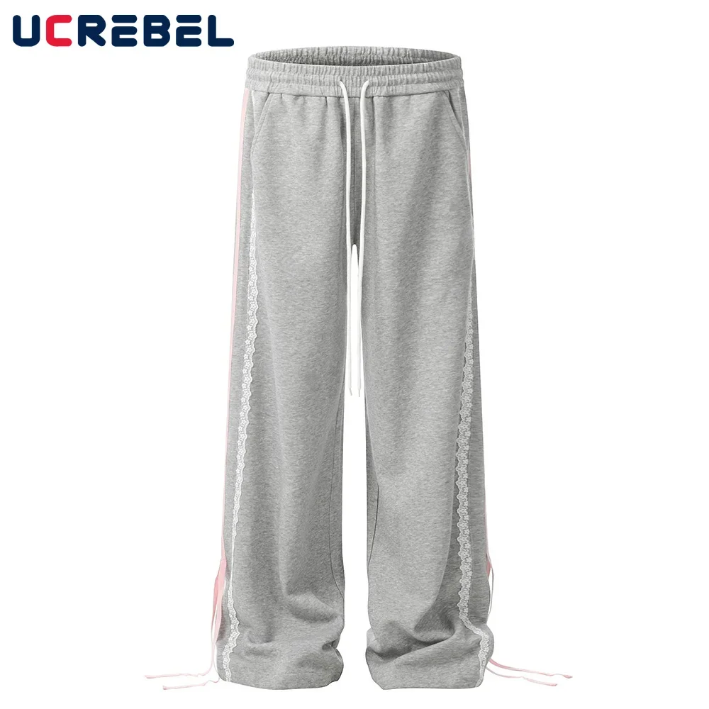 Lace Spliced Side Stripe Sweatpants Mens High Street Elastic Waist Wide Leg Loose Sports Pants Men Trousers