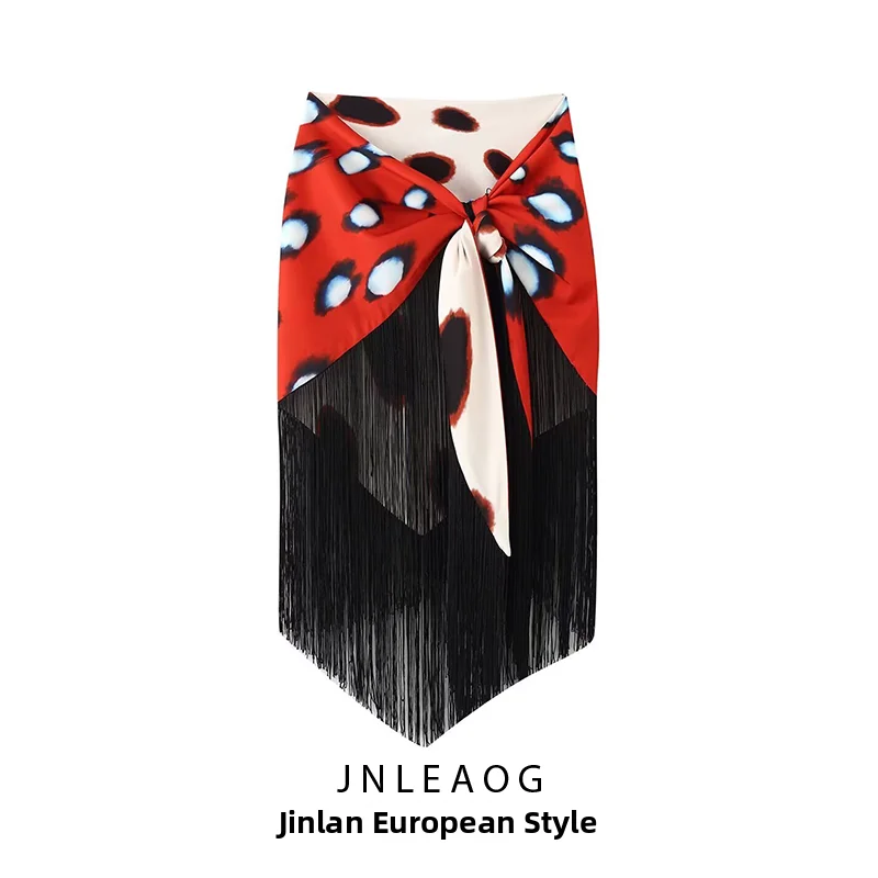 JNLEAOG Summer New Women's Vacation Style Animal Print Tassel  Scarf Belted  Skirt High Waist Straight Cut Polyes...