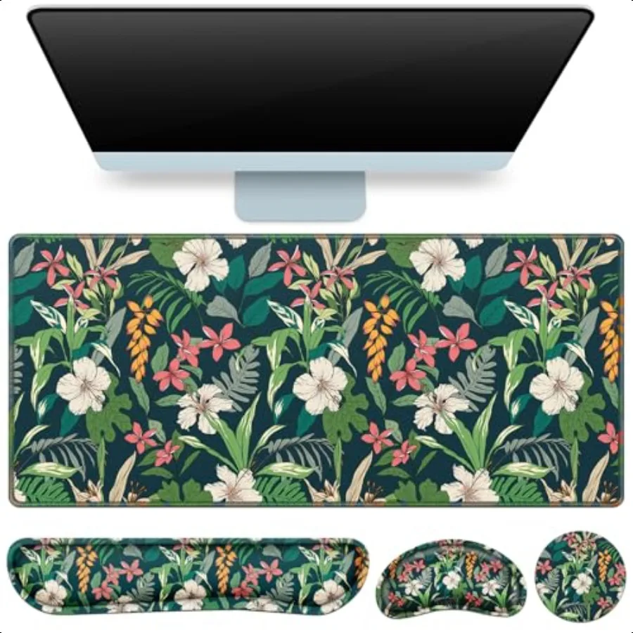 

Desk Mat Floral Large Gaming Mouse Pad with Wrist Rest 4in1 XXL Mousepad+Keyboard Wrist Rest+Mouse Pad Wrist port+Cup Coaster S