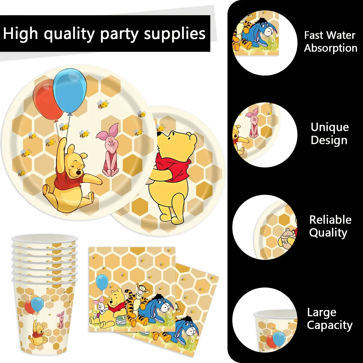 Winnie the Pooh Disposable Party Tableware Paper Plates Cups Napkins Tablecloth Honeycomb Bee Kids Baby Shower Birthday Party