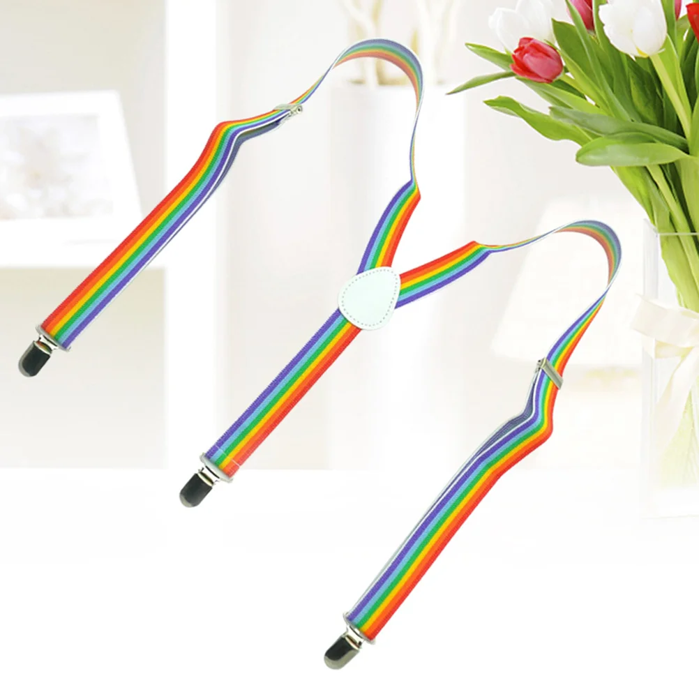Unisex Rainbow Suspenders Y-Shape 3 Clips Adjustable Elastic Comfortable Pant Braces for Casual Formal Wear 85cm
