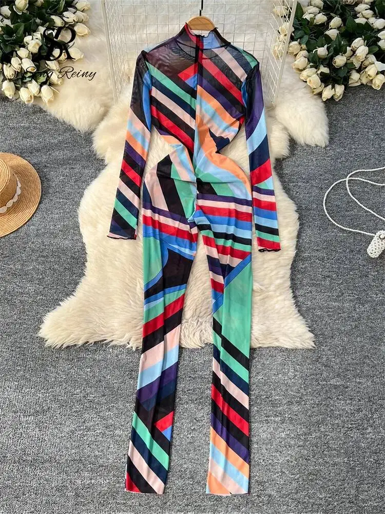Mesh Sexy Long Playsuit Stand Collar Long Sleeves Transparent Zipper Design Streetwear Striped Print Bodycon Jumpsuits
