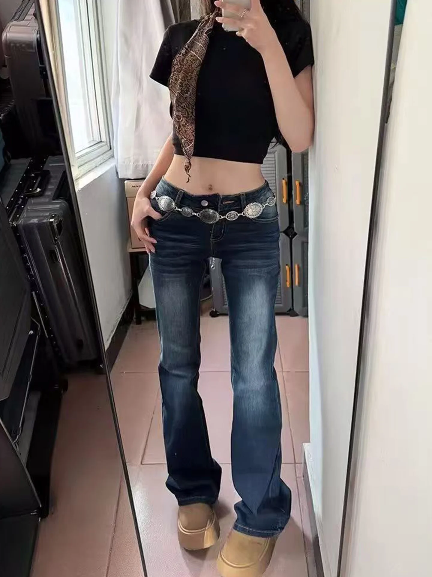 

Retro Washed Denim Jeans Women's Low Waist Slimming Bell Bottoms Design Sensation Fashionable Scratched Look Korean Style