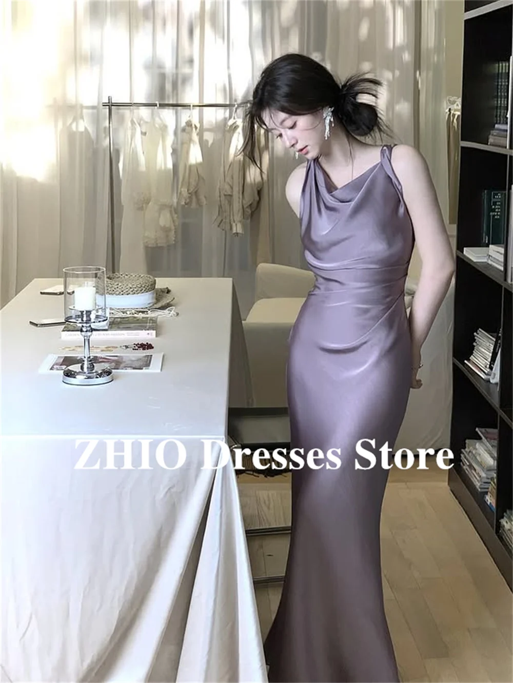 ZHIO عبق الأرجواني لينة الساتان الرسن فستان الزفاف كوريا فستان الزفاف التقاط الصور حورية البحر البوق مساء اللباس مخصص