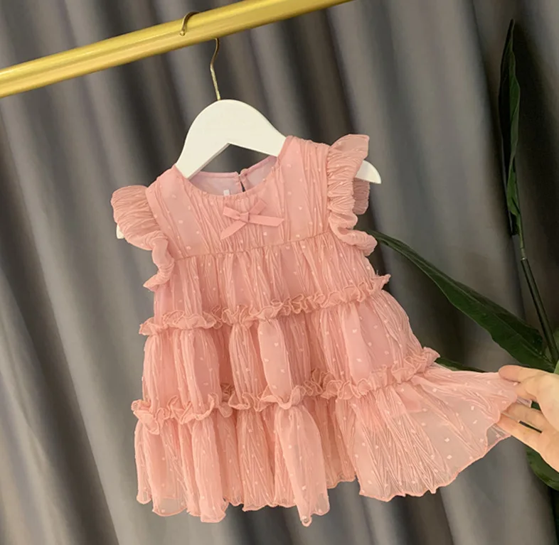 Summer New Baby Girl Dress Lovely Solid Princess Dress Sleeveless Cotton Mesh Dress Sweet Baby Girl Dress 1-5 Years Old