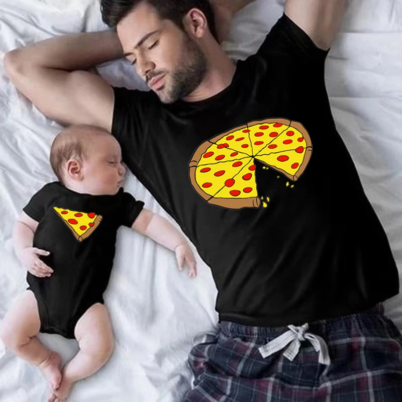 Funny Pizza Print Father Mother Kids T-Shirt Baby Bodysuit Cotton Summer Family Matching Outfits Look Mom Dad Me Match Clothes