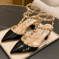 Spring New Baotou Sandals Women's Fashion Pointed Head Shallow Mouth Rivet Anti-slip Wear-resistant Low Heel Shoes