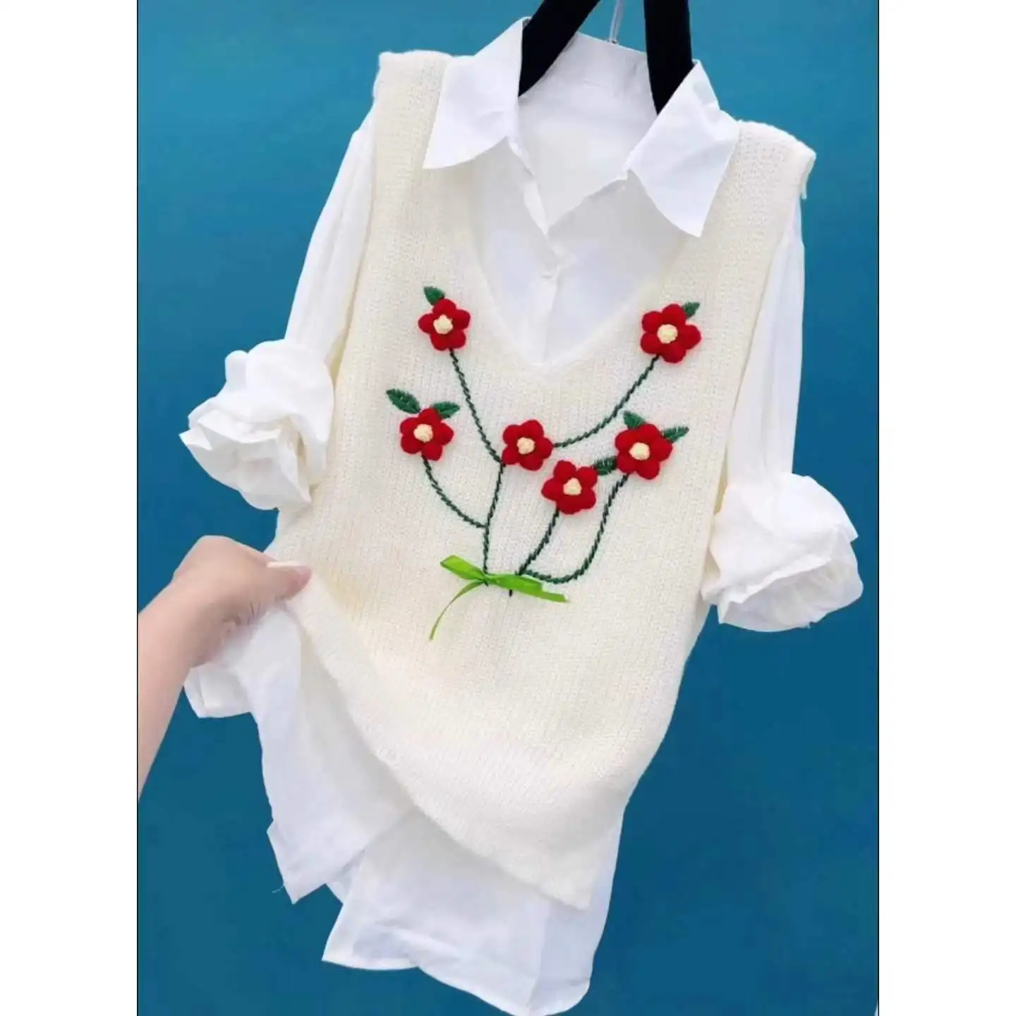 Autumn Sweet Bright Line Decoration Knitting Sweater Vest Female Kawaii Turn-down Collar Long Sleeve Blouse Cute Two-piece Suit