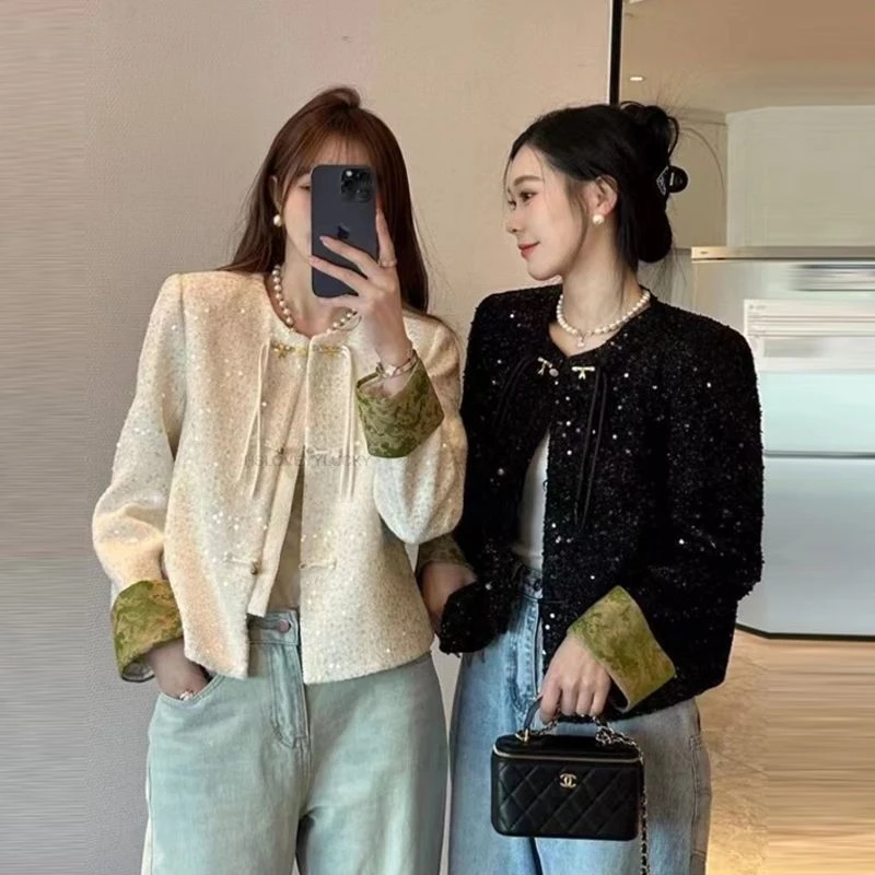 

Деловая одежда с блестящими пайетками в китайском стиле, модный улучшенный костюм Тан, топ, модное женское повседневное универсальное пальто