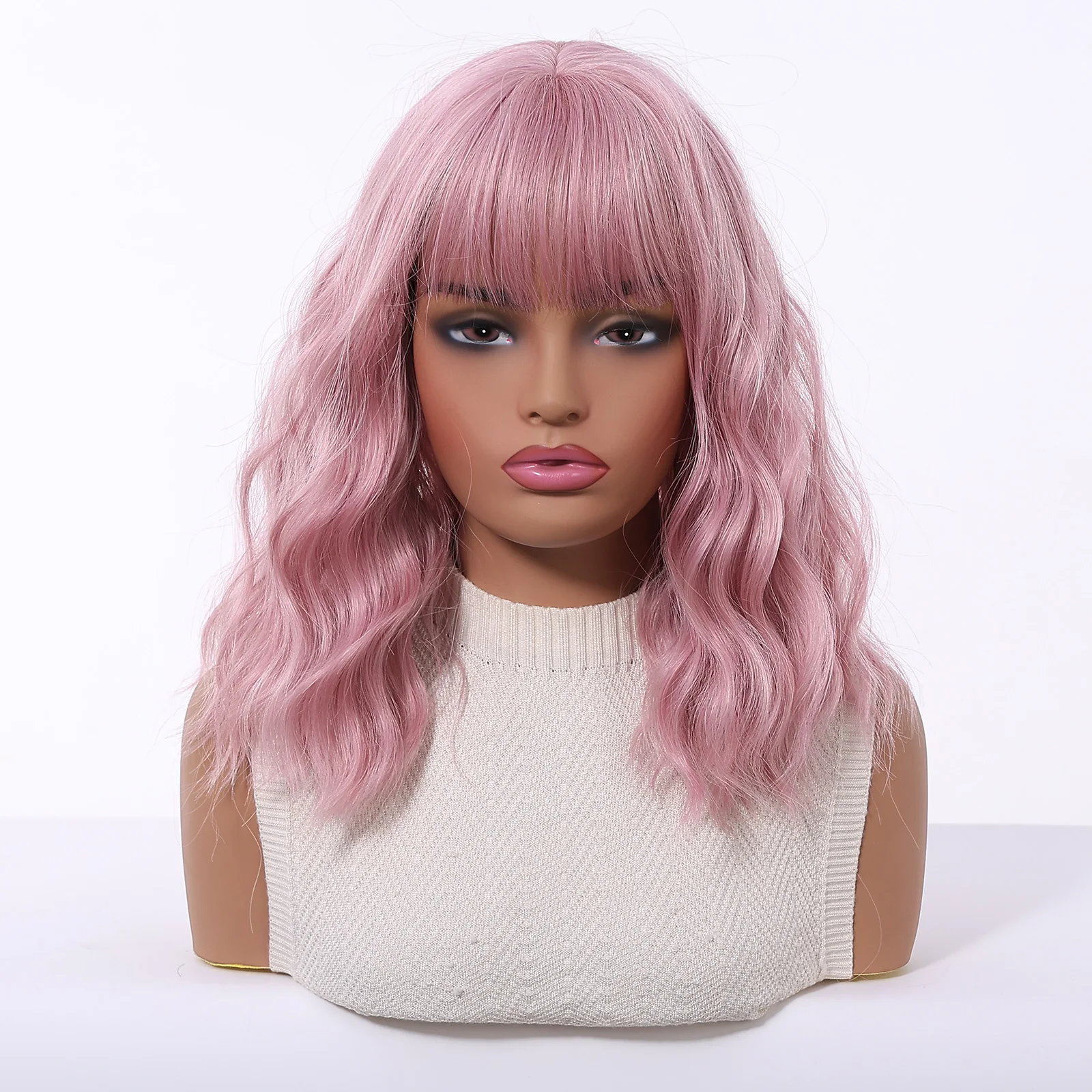 Pink Short Wavy Synthetic Wig with Full Bangs for Women Heat Resistant Natural Look Hair for Daily Party and Cosplay Use image 4