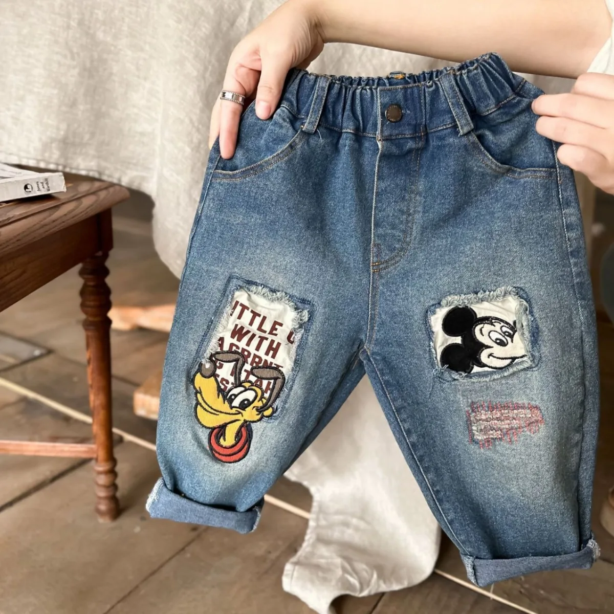 Baby Boys Girls Straight Jeans 2024 Spring Autumn New Kids Cartoon Mickey Mouse Embroidery Denim Pants Children Casual Trousers