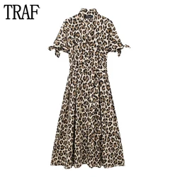 TRAF Leopard Print Shirt Dress Women Belt Pleated Midi Dresses for Women Summer Button Long Dress Woman Short Sleeve Women Dress