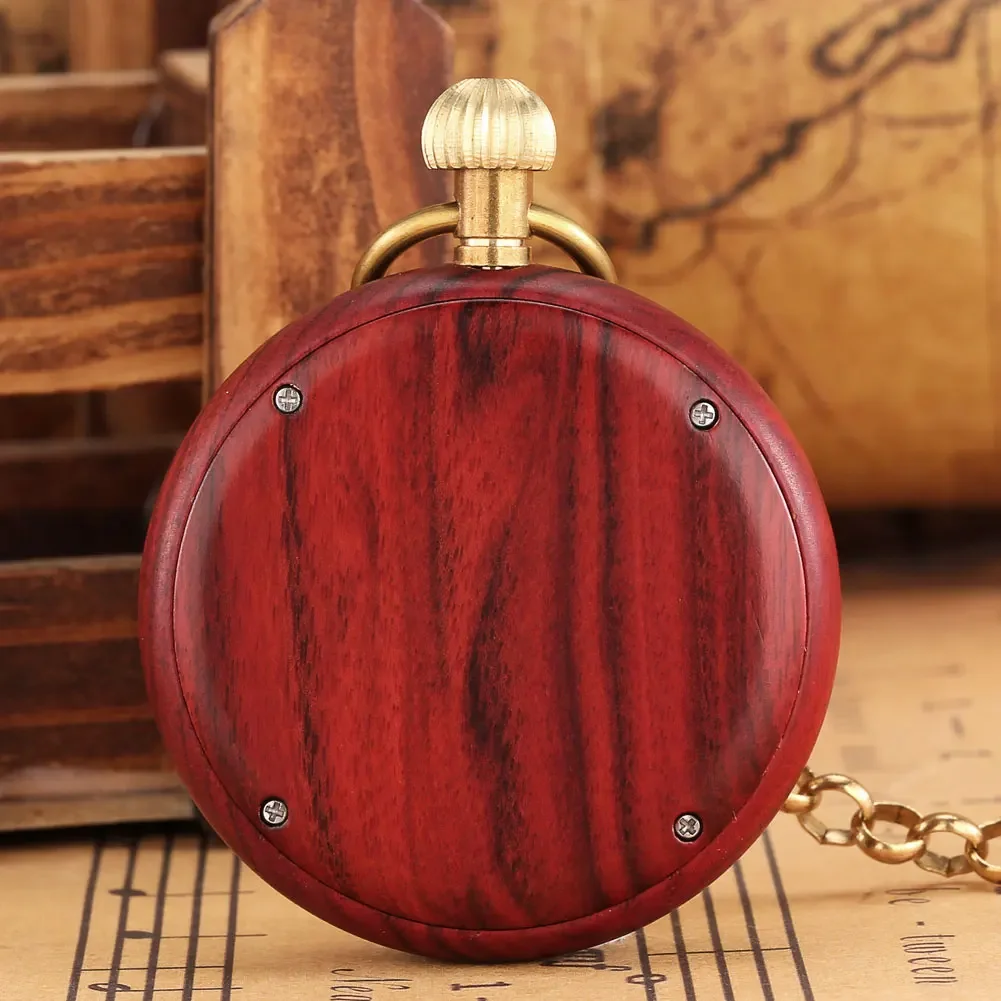 Red Wood Open Face Mechanical Hand Winding Pocket Watch with Rose Gold Roman Numerals Dial Vintage Fob Chain Pendant Clock