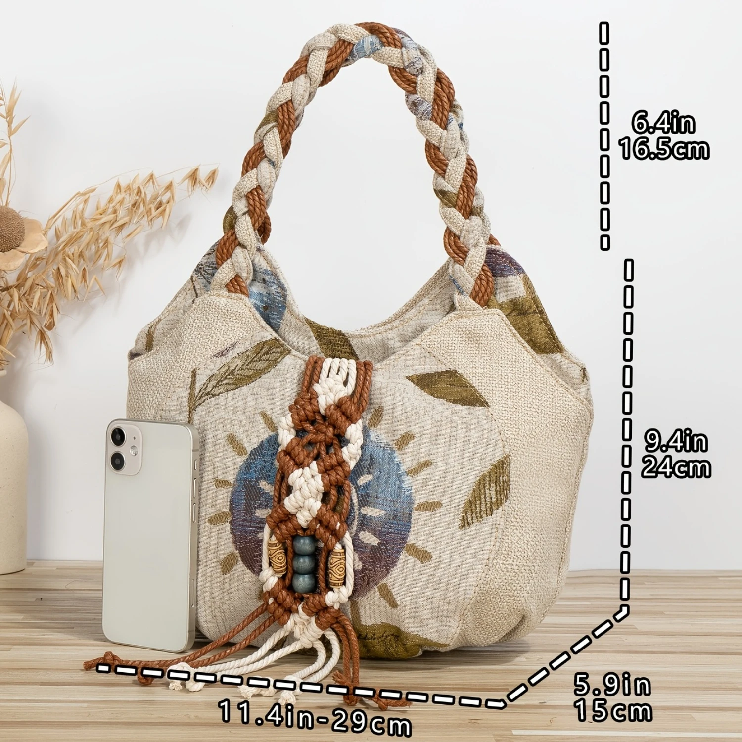 Vintage Ethnic Style Tote Bag, Retro Bohemian Satchel, Women's Casual Handbag & Purse