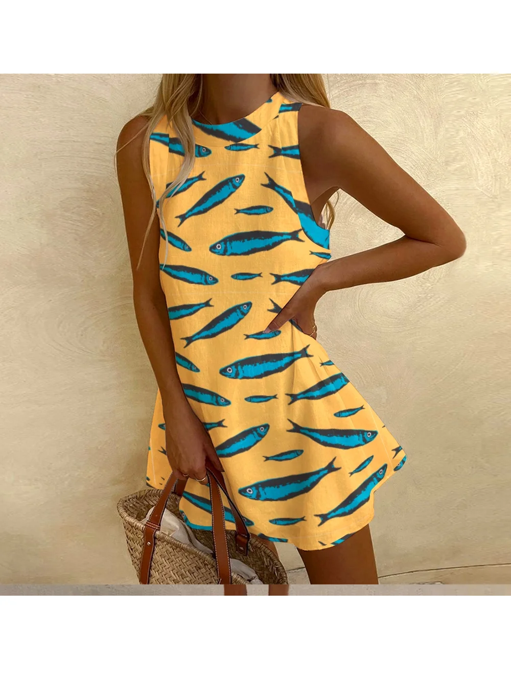 Vintage Yellow Dress Sleeveless Sexy High Waist Casual Beach Dress Women Sardines Graphic Print Elegant Party Dress New