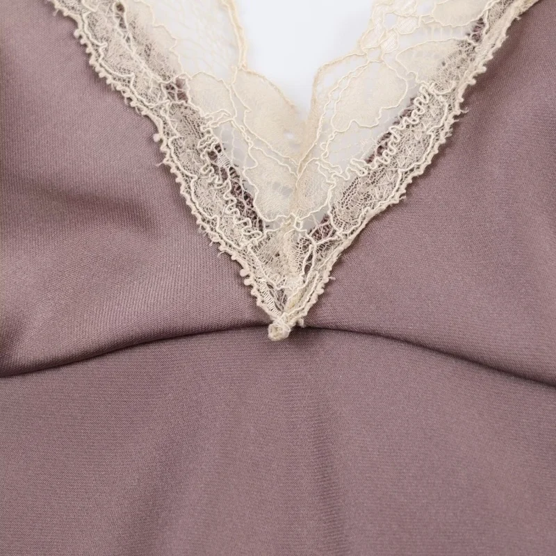 الخريف الخامس الرقبة بلا أكمام الدانتيل المرقعة الساتان ميدي فستان طويل المرأة عارية الذراعين الرسن سستة فستان أنثى مثير ملابس الحفلات 2025 جديد #5