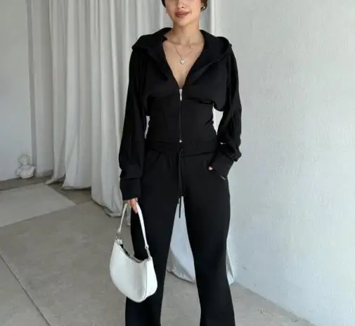 

Новый однотонный топ с капюшоном и длинными рукавами и комплект прямых брюк с карманами Baidu