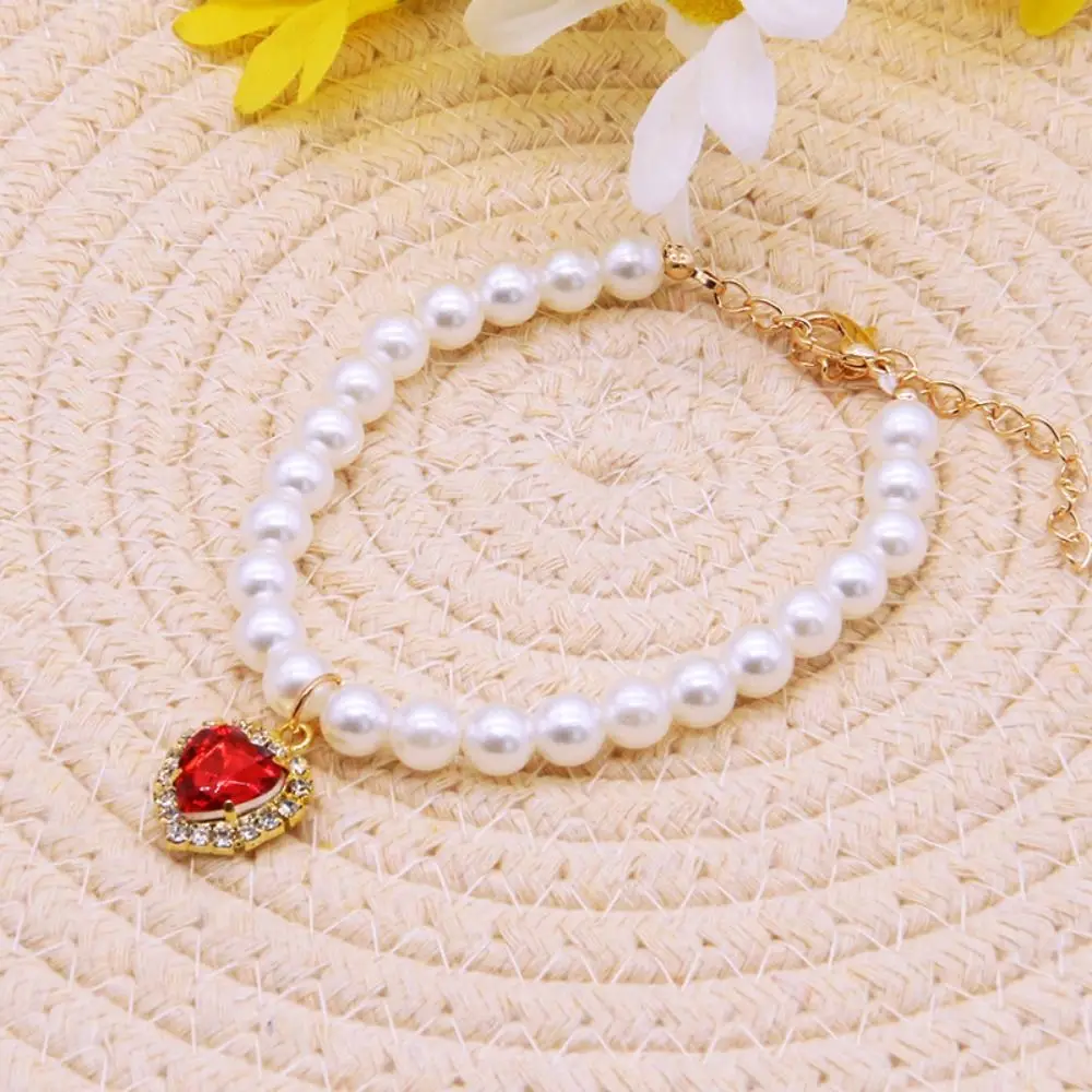 

Fashion Love-Hearts Pet Pearl Necklace Rhinestone Cute Dog Neck Chain Adjustable Cat Love Hearts ​Collar Pet Party