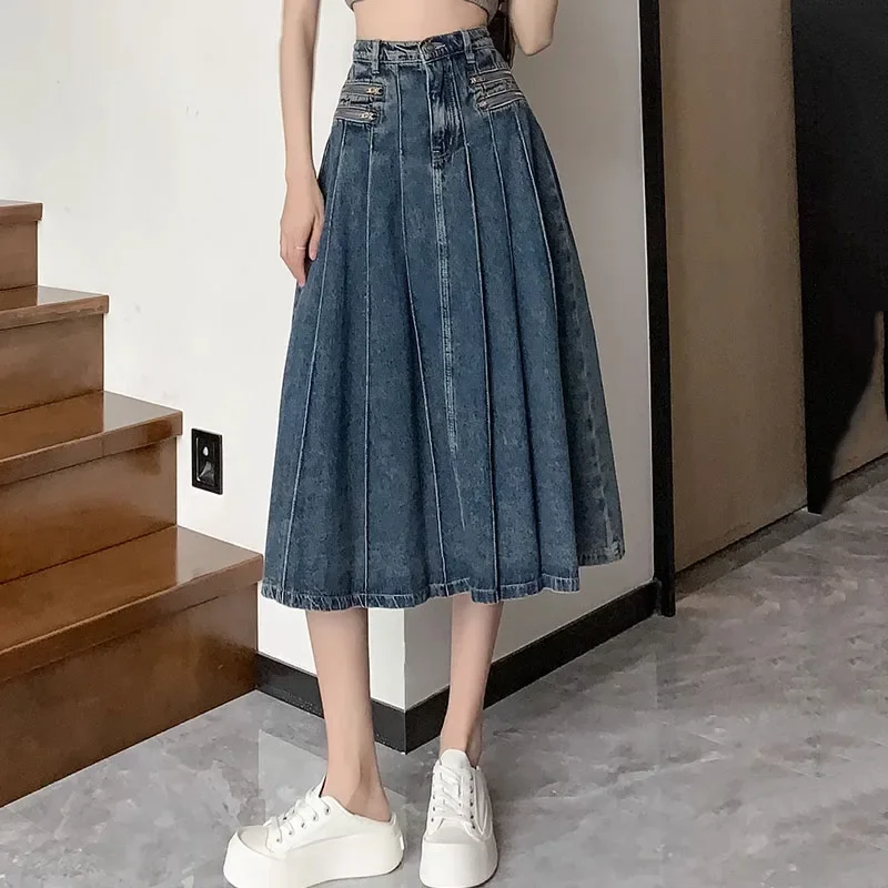 Elegante denim saia plissada senhoras mulheres cintura alta harajuku estilo coreano a linha saia longa para a menina da escola casual faldas