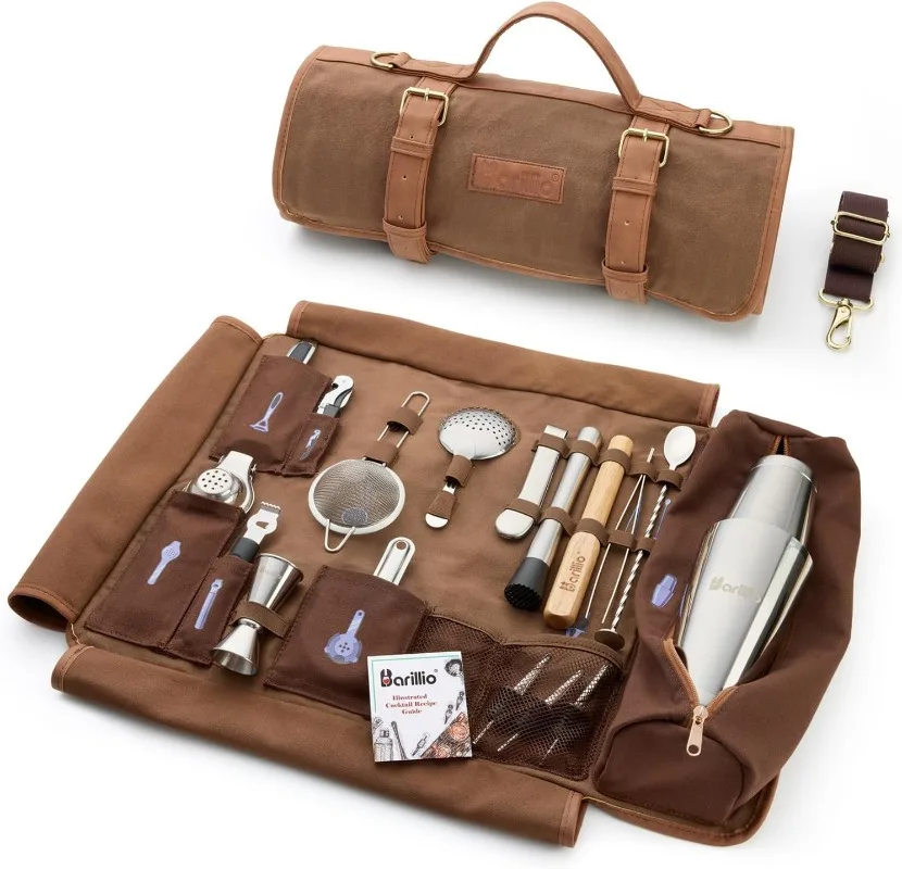 

Bartender Kit Bag with Cocktail Shaker Set - Waxed Canvas, Traveling Bar Tools Bag with 17-Pc Cocktail Kit - Travel Mixology