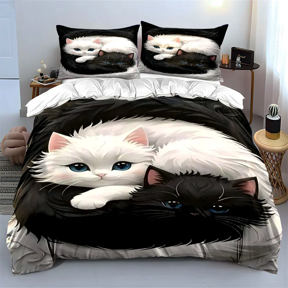 Black and white fluffy cats cuddling Bedding Set for Kids Luxury Gift 3pcs Digital Print Comforter Set Soft Comfortable
