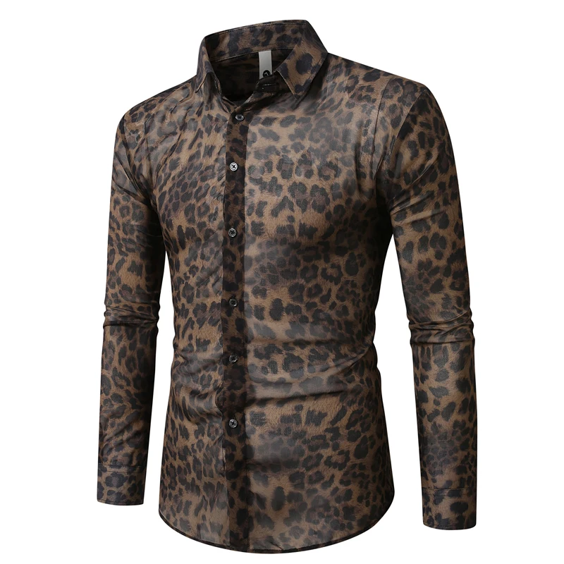 

Men's Long-sleeved Leopard Print Shirt, Single-breasted Square Collar Shirts, Asian Size M-5XL 6XL Camisa Male Chemise