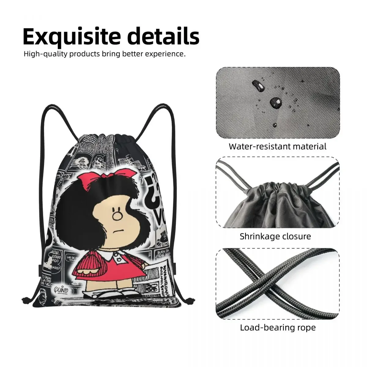 Vintage Quino Comic Mafalda Drawstring Backpack Women Men Gym Sport Sackpack Foldable Cartoon Mang Shopping Bag Sack