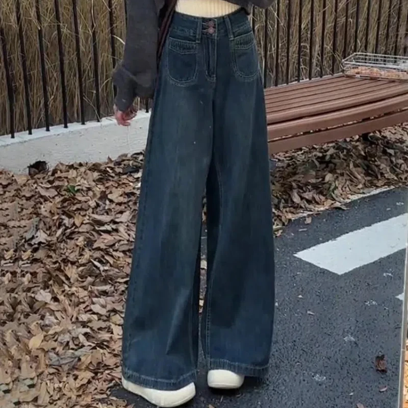 Jean à boutons monochromes taille haute pour femmes, pantalon droit chic jeune, vêtements pour femmes, poches, tendance décontractée, nouvelle mode, automne, hiver