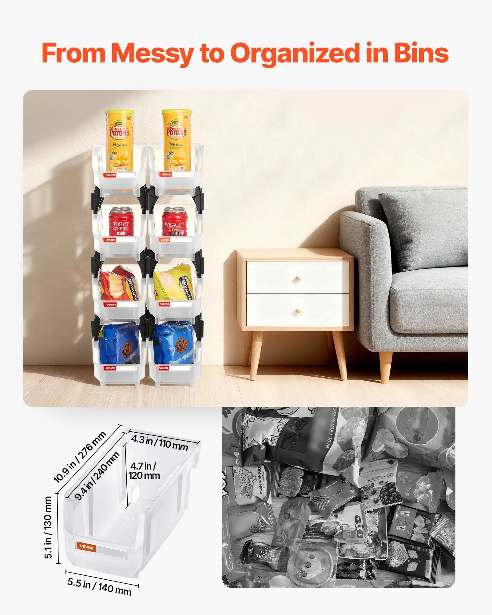 Stapelbare opbergbakken 8-pack 10,9x5,5x5,1" transparante plastic organizerbakken met labelstickers voor garagekast en kantoor