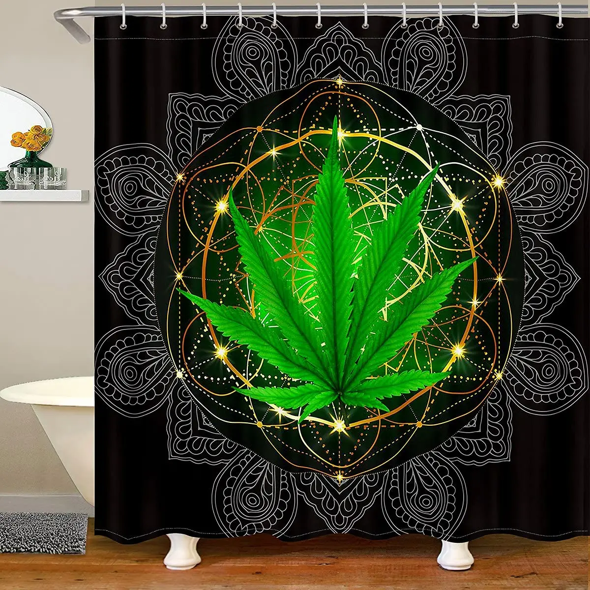 

Marijuana Leaf Shower Curtain Boho Mandala Bath Curtain for Stalls Bathtubs Trippy Weed Plants Cannabis Leaves Bathroom Curtains