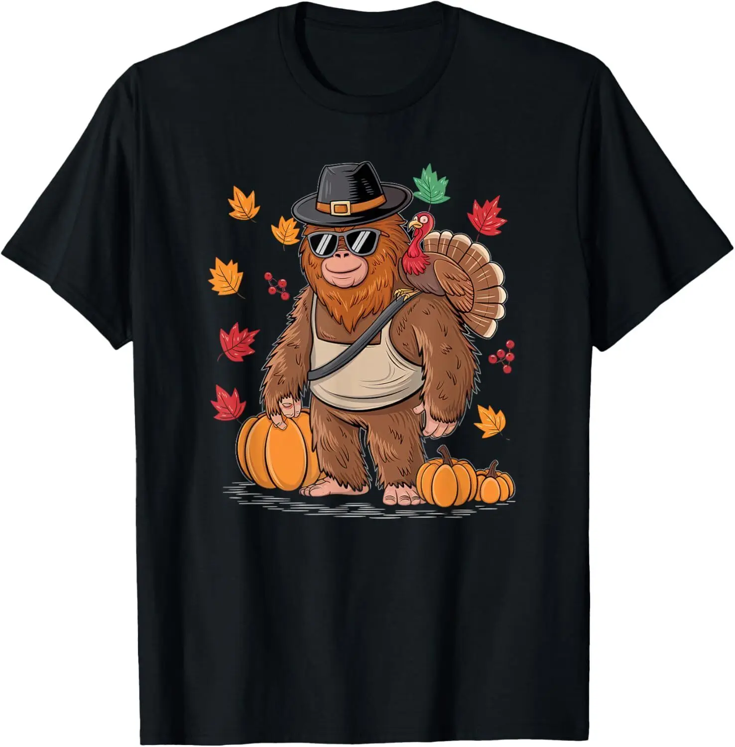 Bigfoot Sasquatch Turkey Pumpkin Happy Thanksgiving T-Shirt