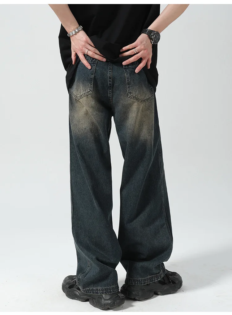 جينز رجالي للخريف موديل 2025 مغسول عتيق بجيوب يطير وسحّاب جينز واسع الساق فضفاض مناسب للانتظار بطول كامل