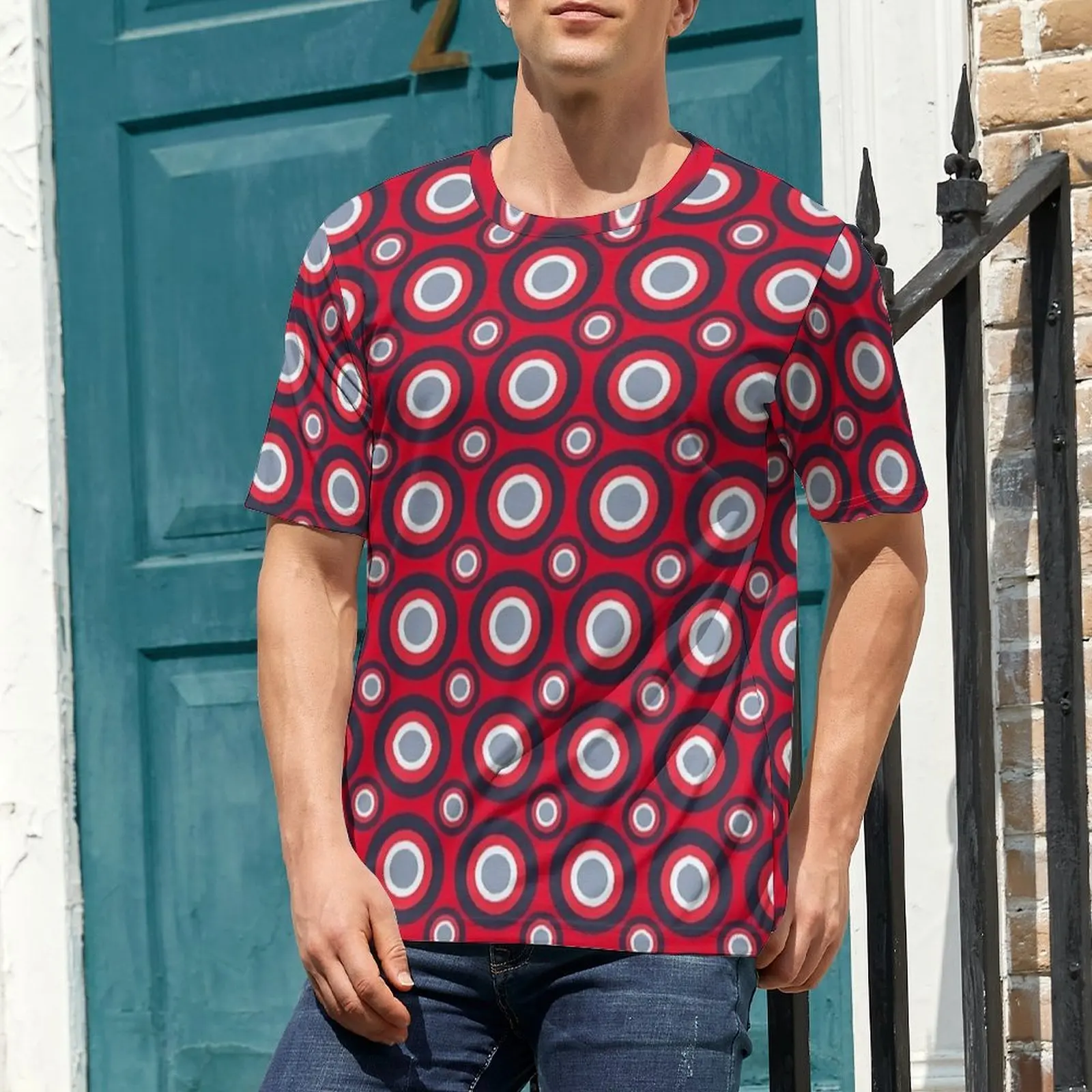 Red White Circle Grid T-Shirt For Men Graphic O Neck T Shirts Beach Trending Tops Short-Sleeve Y2K Casual Plus Size Tees Present
