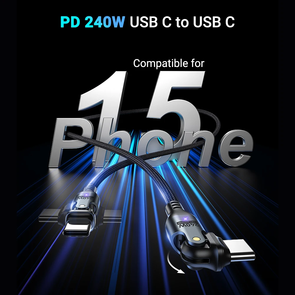 AUFU 240W USB C Cable for iPhone 15 16 PD3.1 Supercharge for Macbook Laptop 180 Rotating Fast Charger Type C Cable for Xiaomi