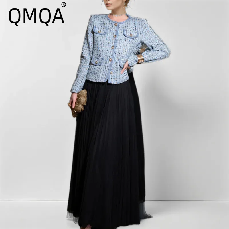 QMQA Mode dames elegante 2-delige sets geruite enkele rij knopen lange mouwen tweed korte jas grote schommel maxi rok set 1A736