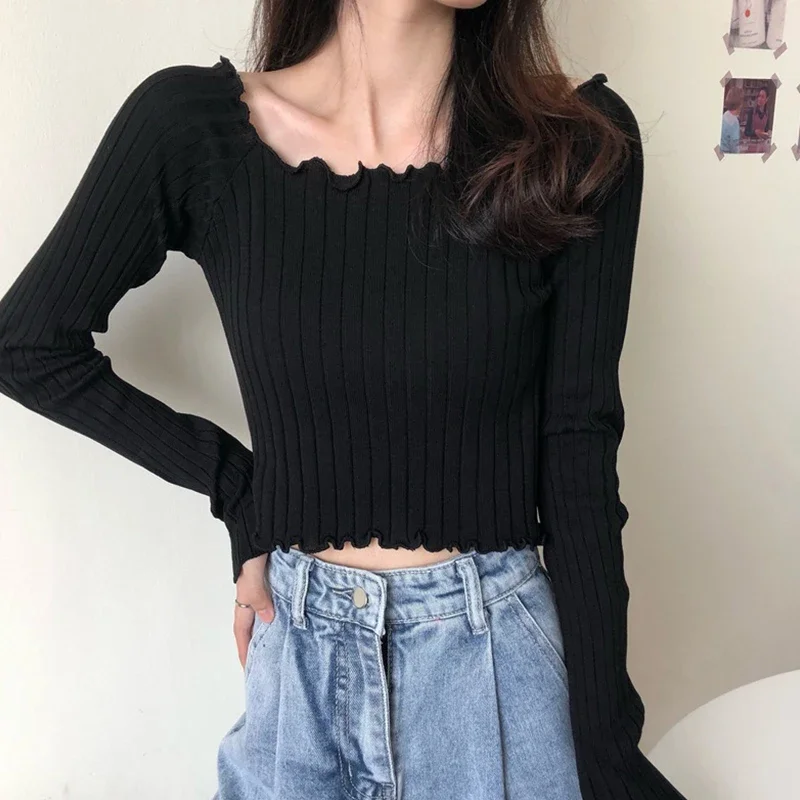 Women Summer Purple Knitted T-shirts Off Shoulder Crop Tees Women Stripes T-shirts Ruffles Hem Tees For Women Tops