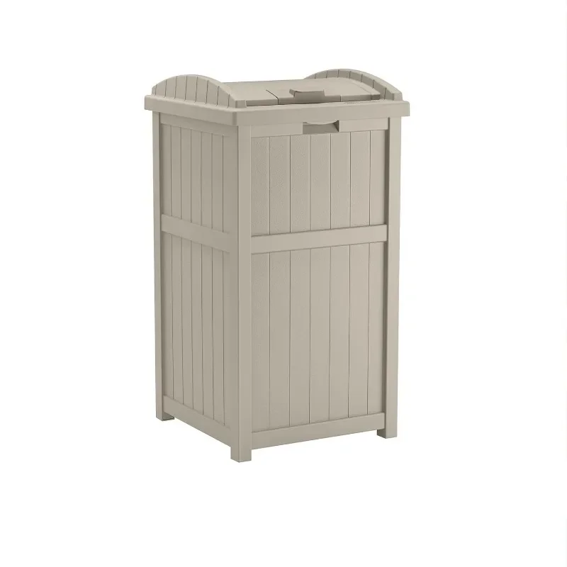 Suncast 33 Gallon Hideaway Trash Can for Patio - Resin Outdoor Trash with Lid - Use in Backyard, Deck, or Patio - Taupe