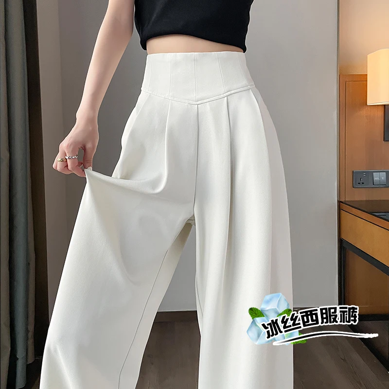 

Summer Korean style ice silk suit pants with niche design sense, straight leg casual casual pants