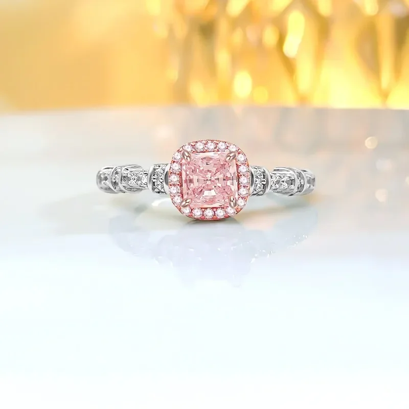 Light Luxury 925 Silver Artificial Pink Diamond Sugar Ring Set with High Carbon Diamond Unique Design Versatile and Sweet