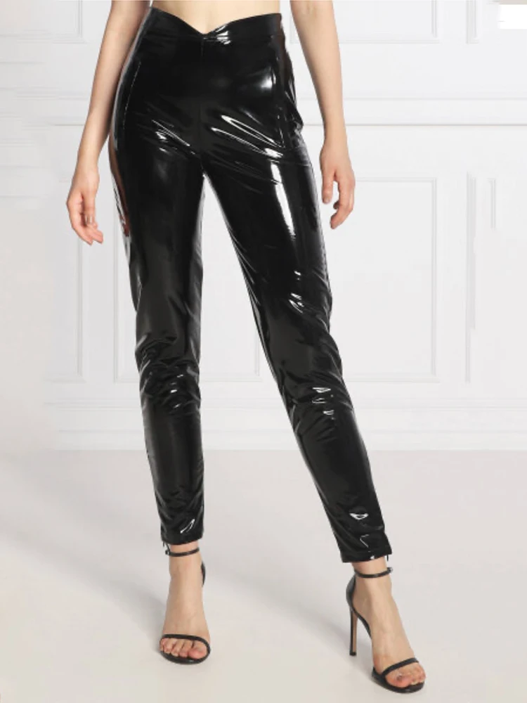 Shiny Patent Leather Pants Women V Waist Sexy Faux Latex Cropped Pants Ladies Black Stretch Slim PVC Trousers Clubwear Custom