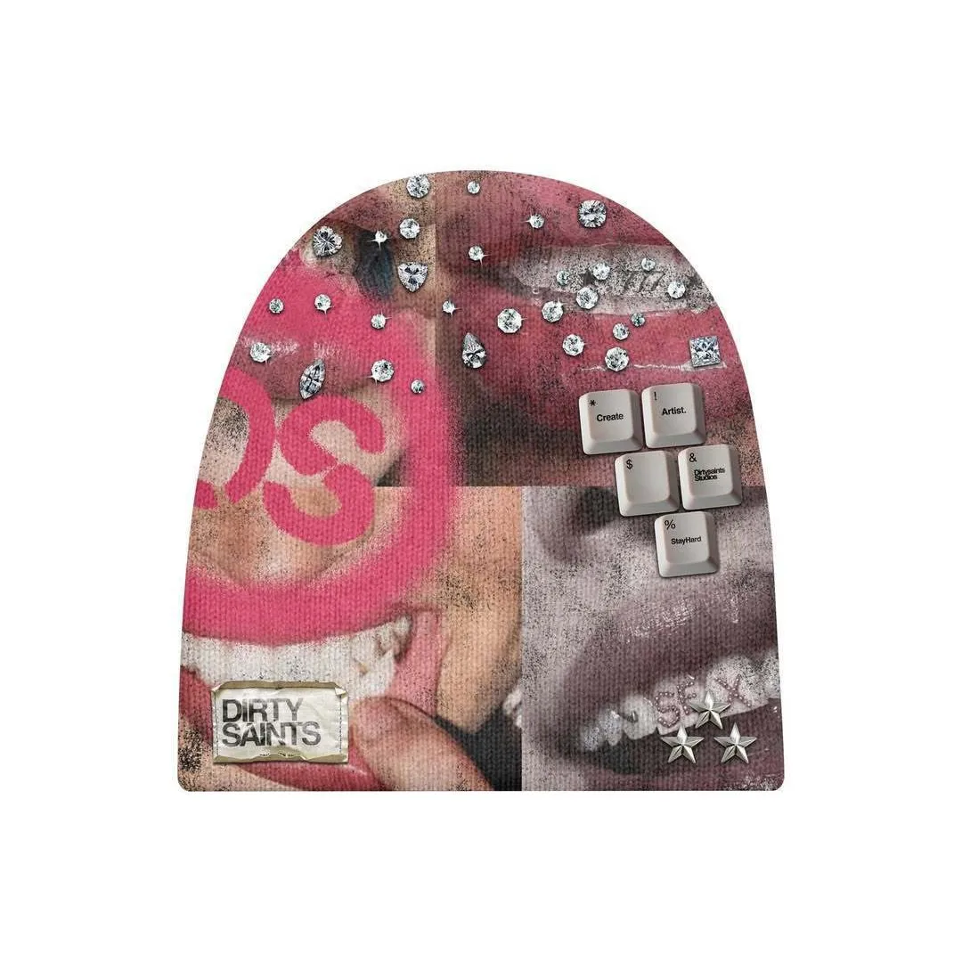 Y2K American Retro style subculture print spicy girl Rhinestone lip keyboard pattern High street emo Harajuku Unisex knitted hat view 5