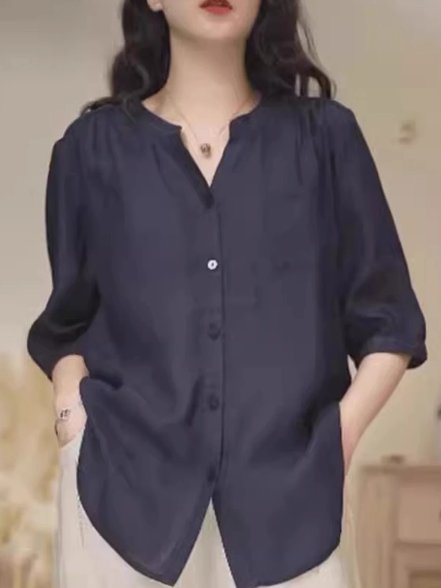 Csa de Chiffon Solta com Um Botão e Manga Sete, Estilo F Verão 2025, Design em Cor Pura, Top Trendy Versão Coreana ...
