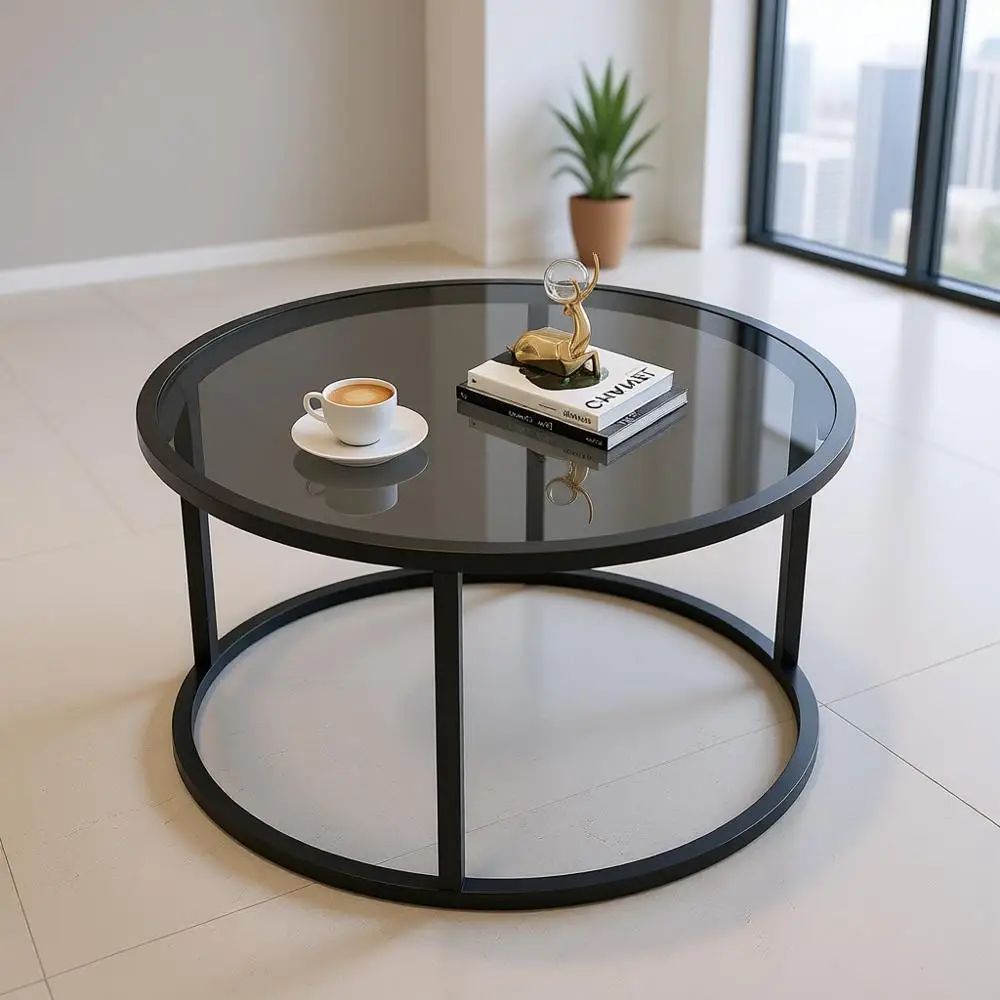 

Modern Round Glass Coffee Table, Minimalist Design for Living Room, Bedroom, or Office, 27 x 27 x 17, Gray Black