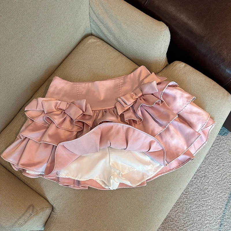 Sweet Hot Girl Pink Short Pantskirt Women's Summer Ballet Bow Puffy Cake A- Line Skirt Mini Satin Skirts Mujer 2024