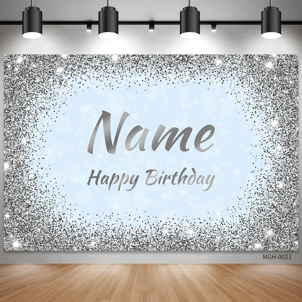 Custom Name Blue Birthday Wedding Background Sliver Glitter Photo Booth Background Happy Birthday Party Decoration Photocall